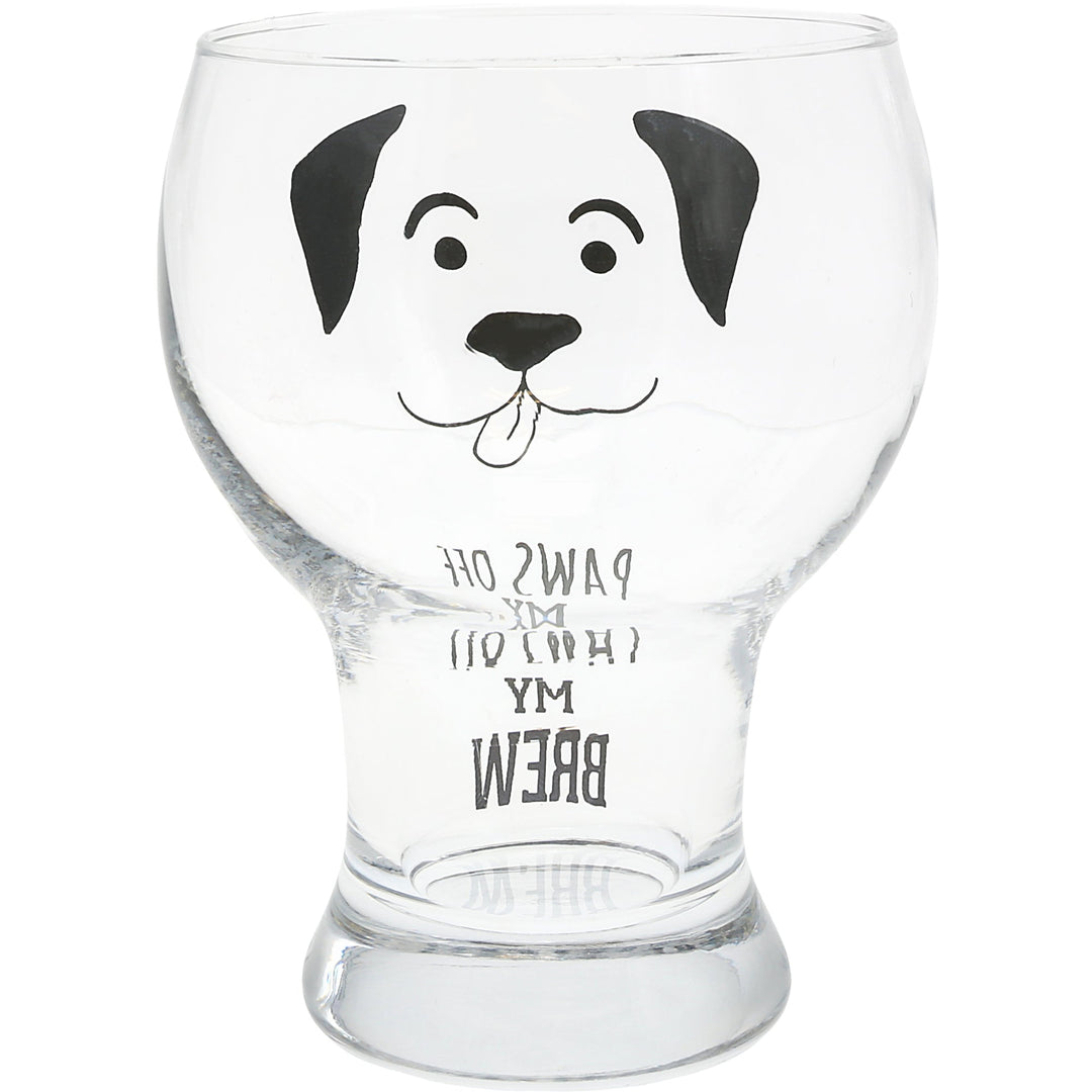 Clear glass pilsner with black dog face design and 'Paws Off My Brew' text