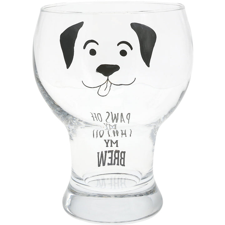 Clear glass pilsner with black dog face design and 'Paws Off My Brew' text