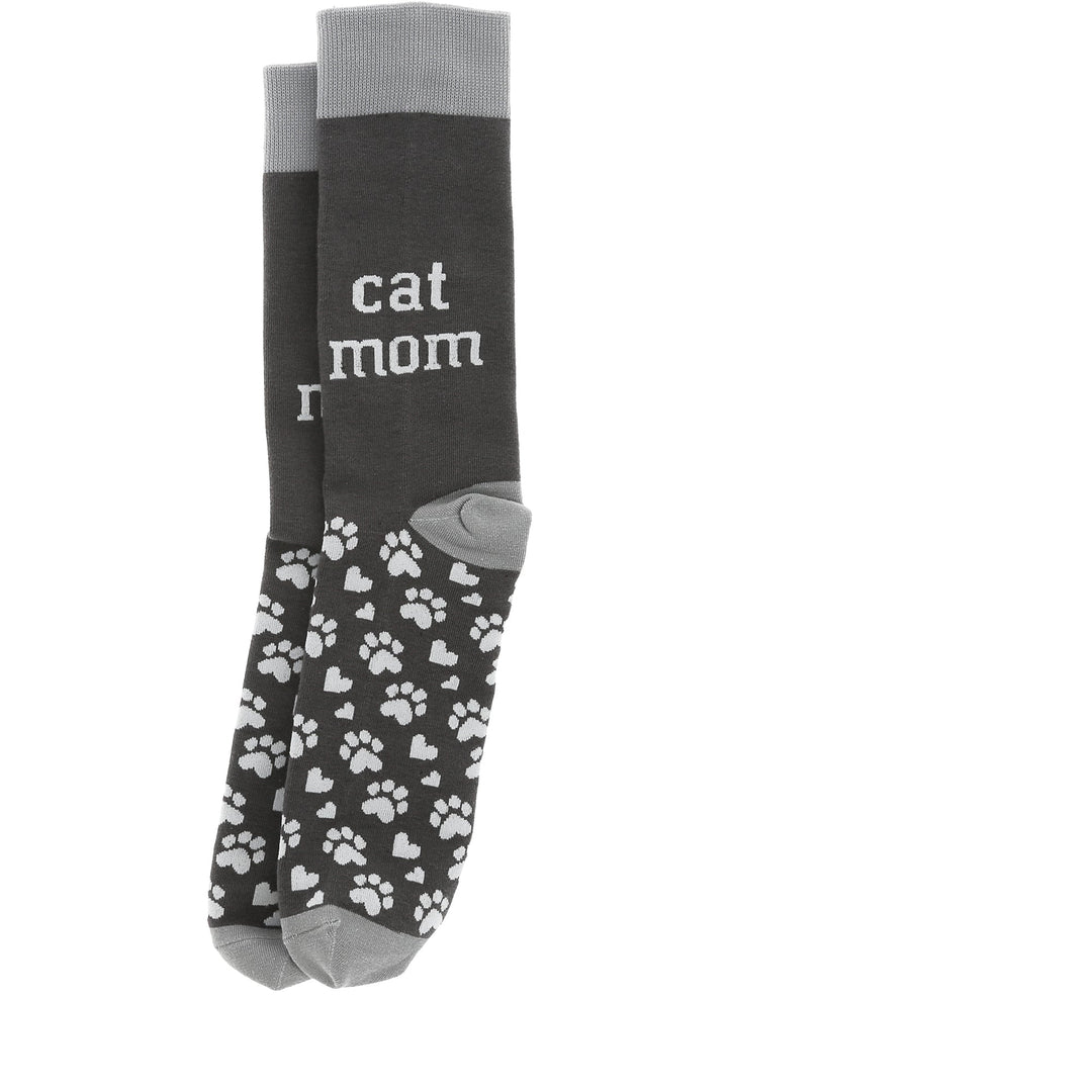 Dark gray crew socks with white paw prints, hearts, and 'cat mom' text