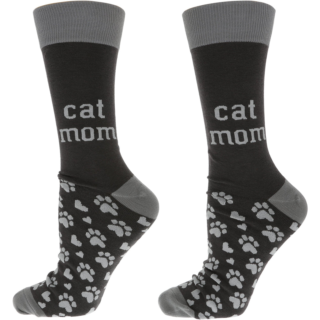 Black and gray ladies crew socks featuring 'cat mom' text and paw print designs