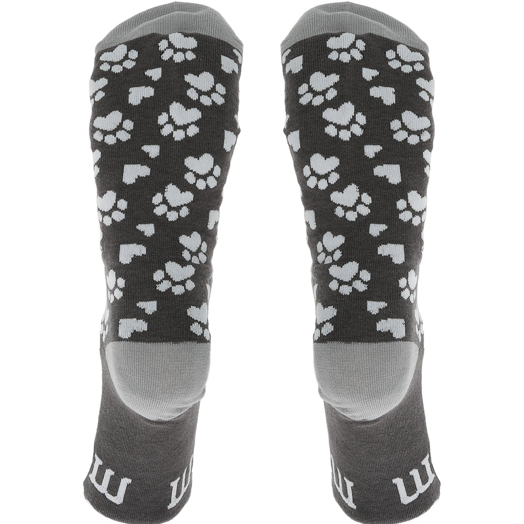 Gray crew socks with white paw print pattern for cat lovers