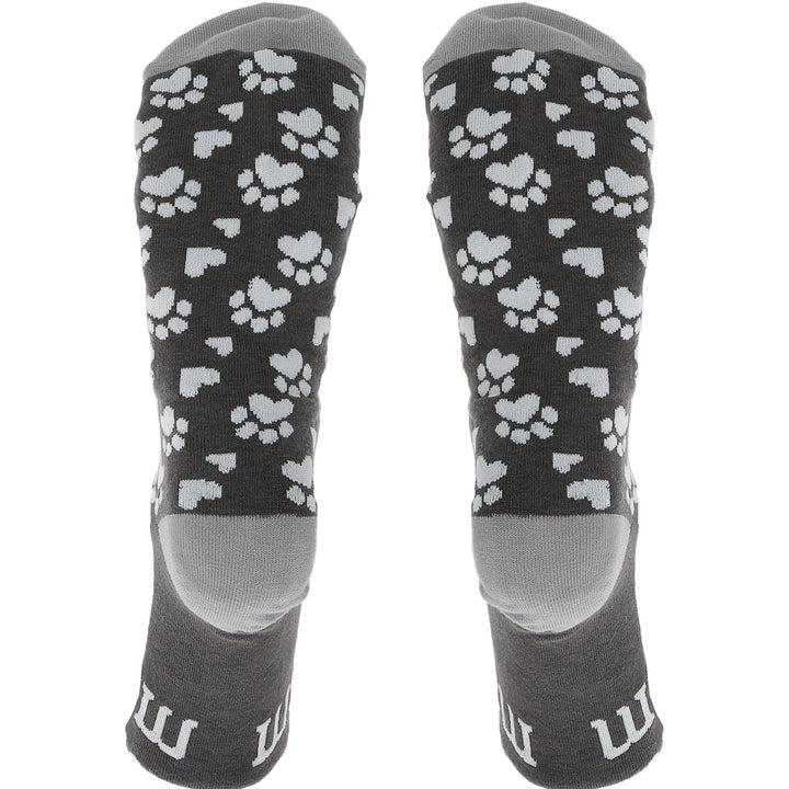 Gray crew socks with white paw print pattern for cat lovers