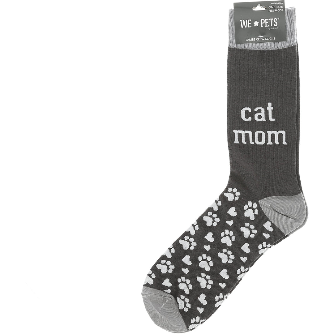 Gray crew socks with 'cat mom' text and white paw print pattern by Pavilion