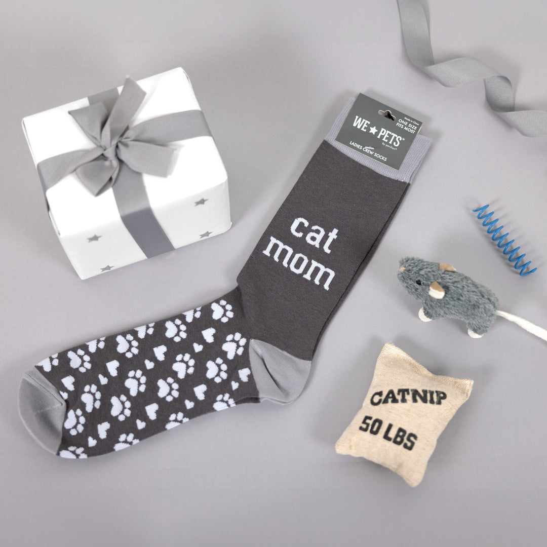 Dark gray crew socks with 'cat mom' text and white paw print pattern