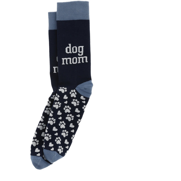 Navy blue ladies crew socks with 'dog mom' text and white paw print pattern