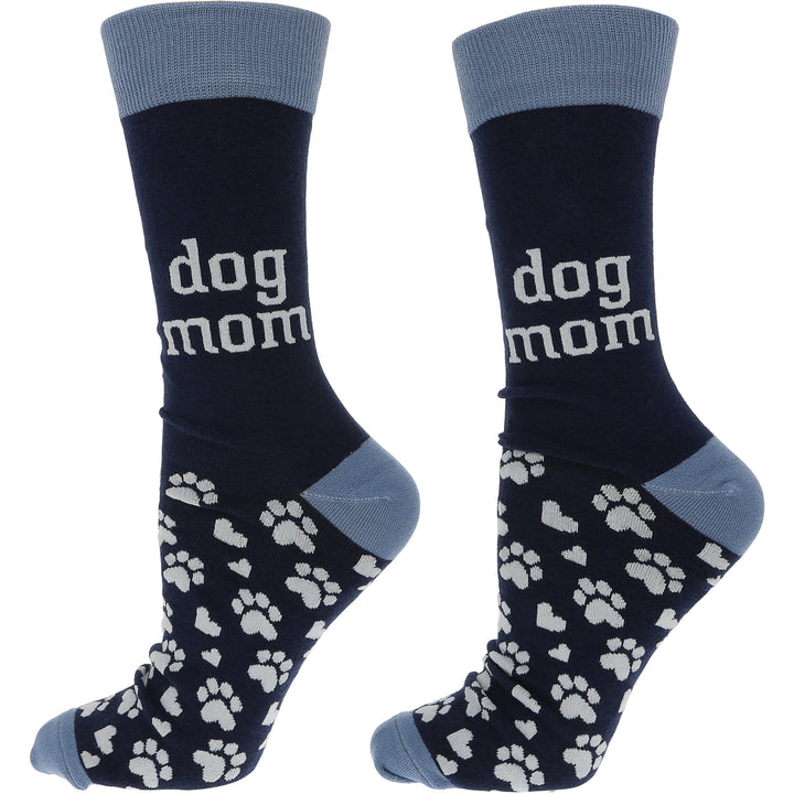 Navy blue ladies crew socks with 'dog mom' text and white paw print pattern