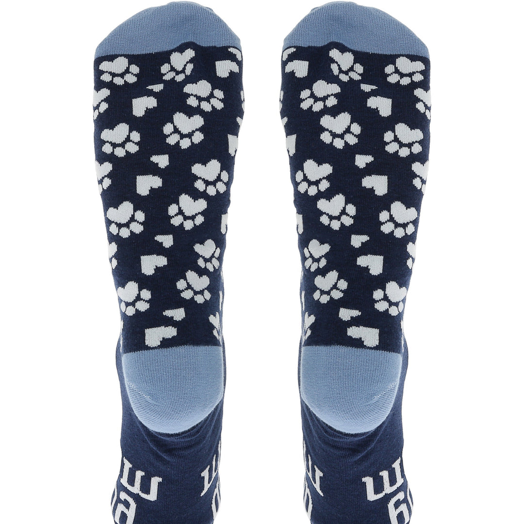 Navy blue crew socks with white paw prints and hearts pattern for dog lovers