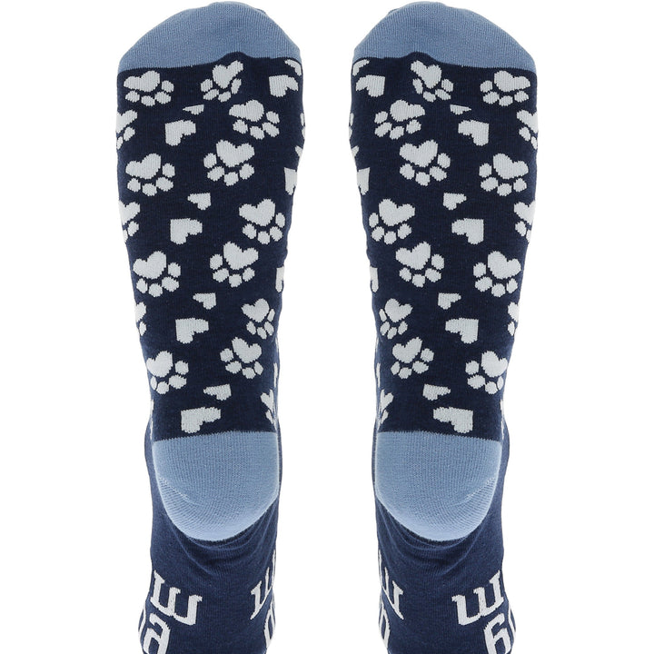 Navy blue crew socks with white paw prints and hearts pattern for dog lovers