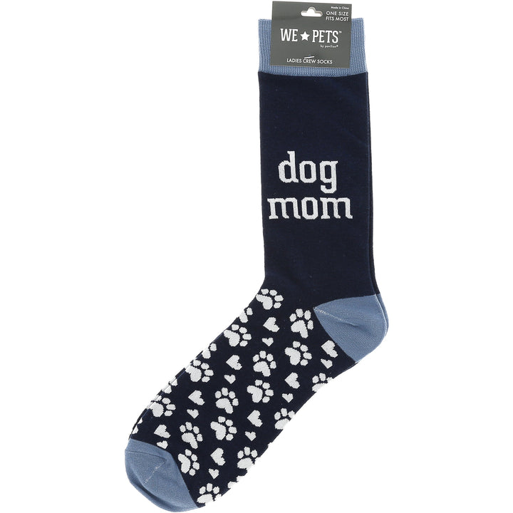 Navy blue ladies crew socks with 'dog mom' text and white paw prints