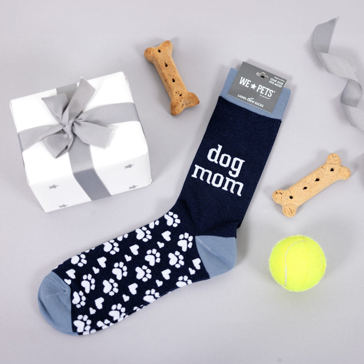 Navy blue crew socks with dog mom text and white paw print pattern