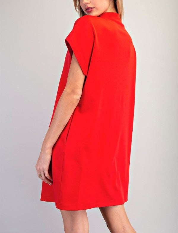 red mock neck mini dress Red Mock Neck Scoop Back Self Tie Ruffle Hem Short Sleeve Dress