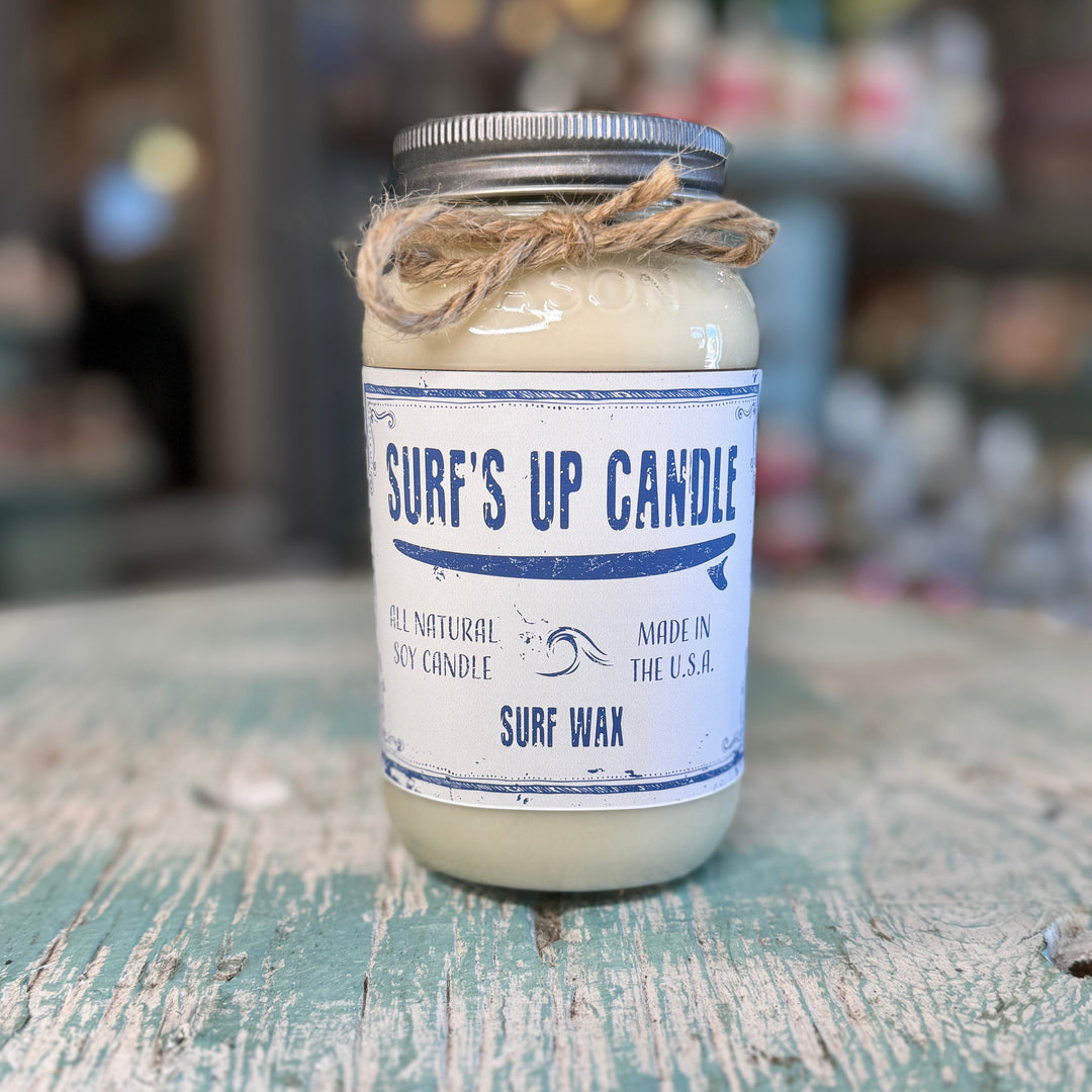 Surf's Up Candle Mason Jar 8oz in Surf Wax scent, natural soy wax with twine bow