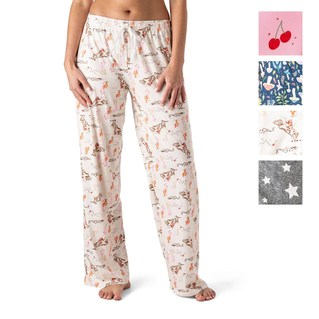 Hello Mello Down to Earth pajama pants in cream with brown orange floral pattern
