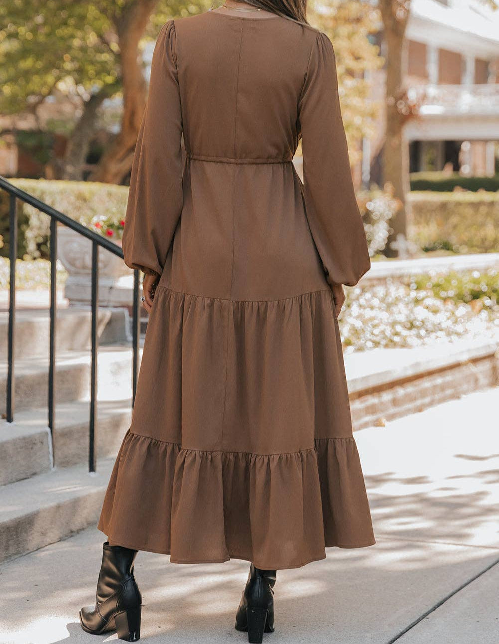 Solid Button V Neck Tiered Maxi Dress