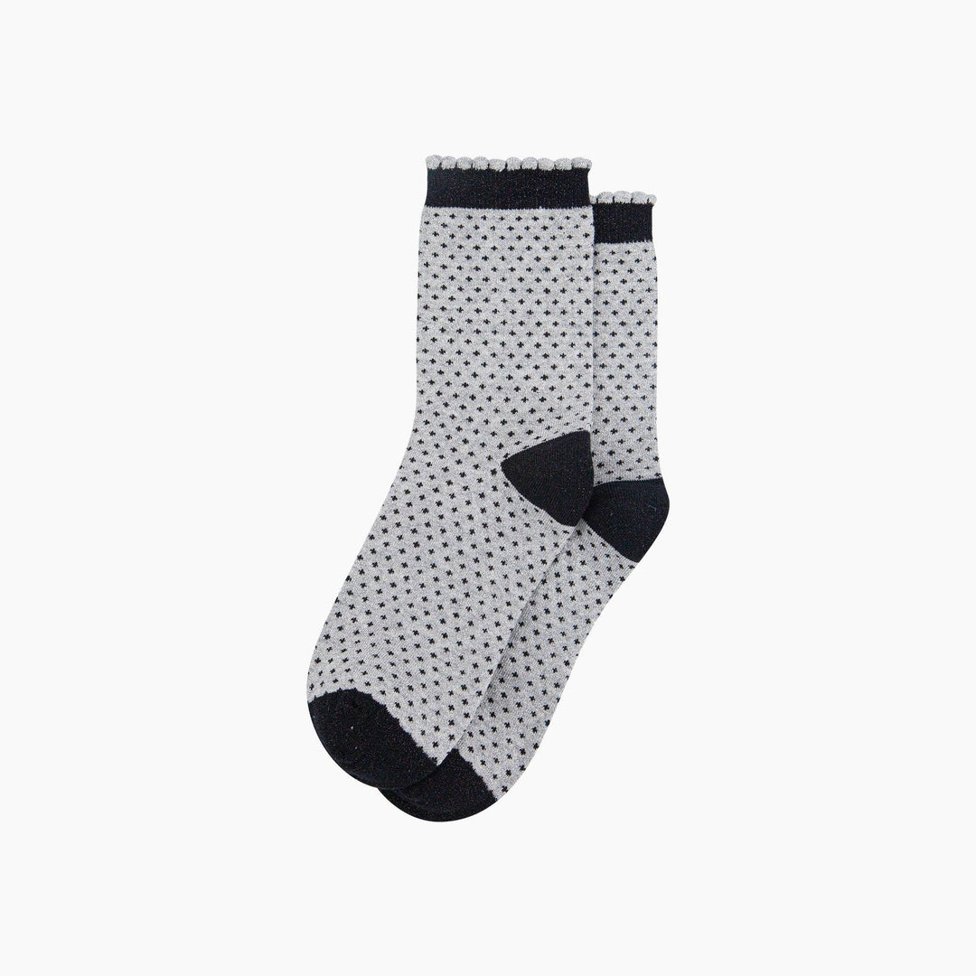 Grey and navy polka dot glitter ankle socks with scalloped cuff and contrast heel toe