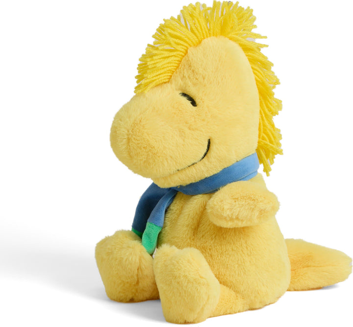 Yellow Warmies plush Woodstock character with blue scarf sitting against white background