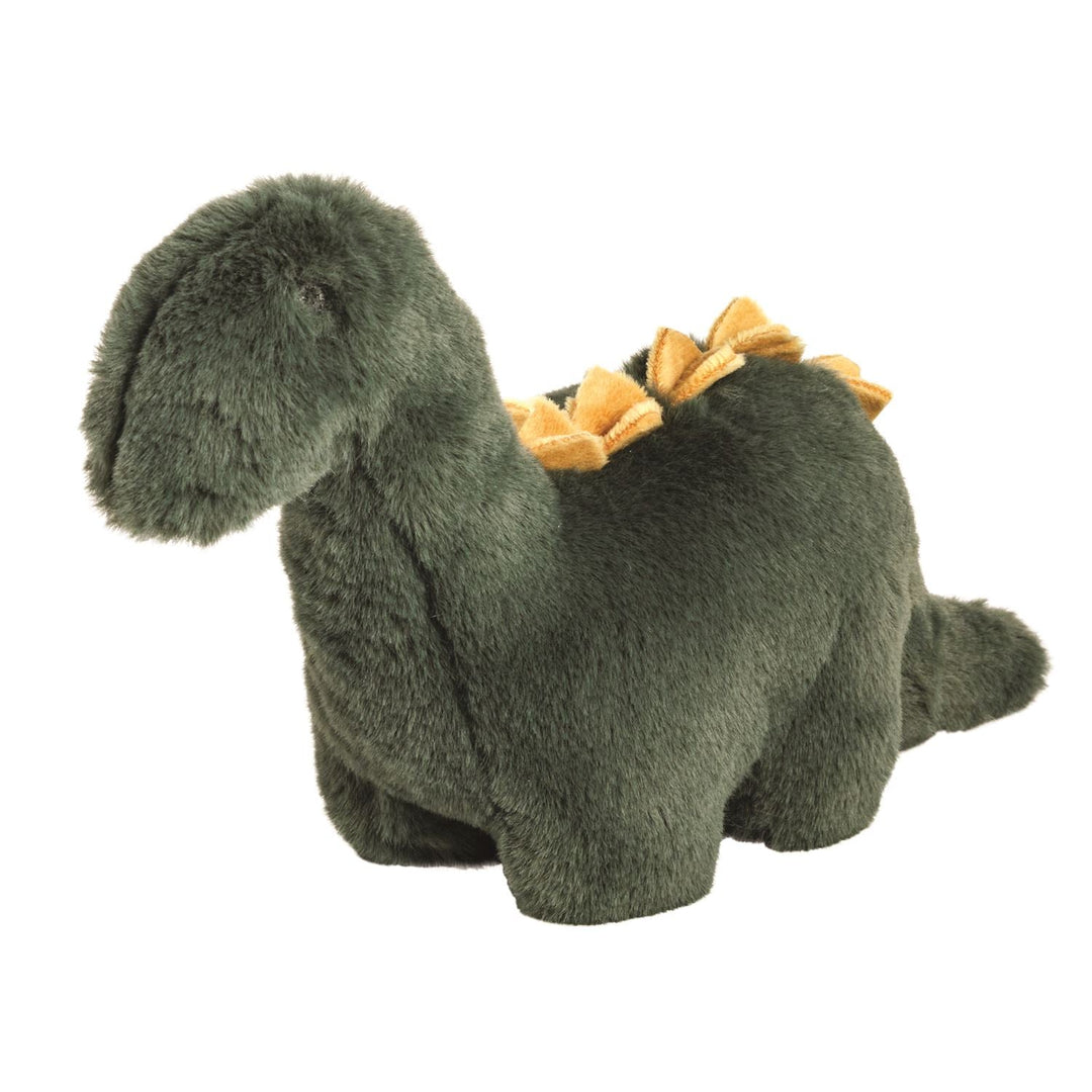 Green dinosaur plush toy with orange spikes along back
