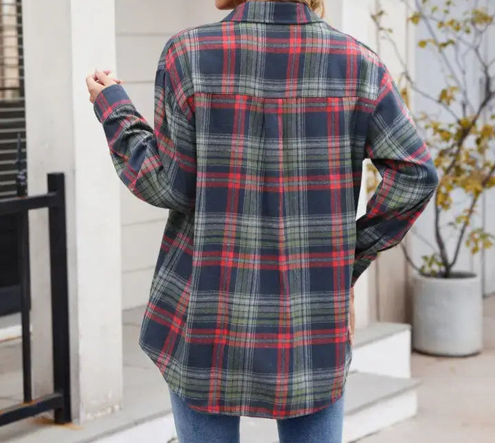 Casual Loose Fit Plaid Button Shirt