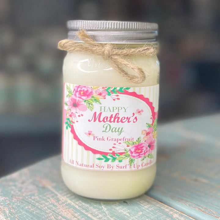 Surf's Up Candle 16oz Pink Grapefruit Mother's Day mason jar soy candle with floral label and twine bow