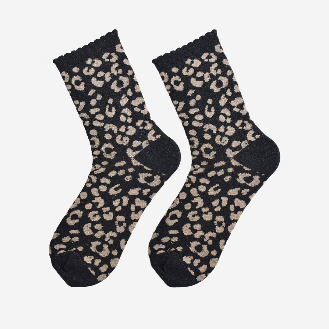 Black and gold leopard print cotton glitter socks with scalloped cuff