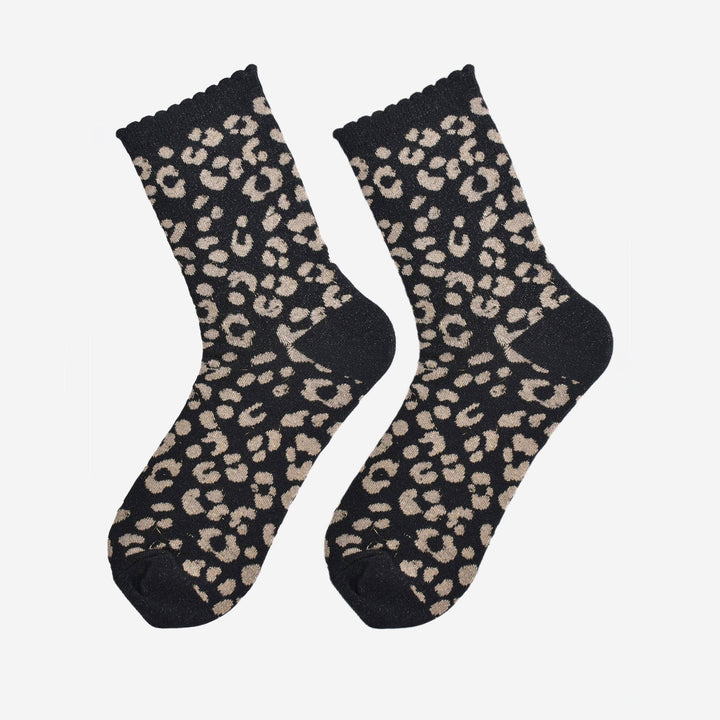 Black and gold leopard print cotton glitter socks with scalloped cuff