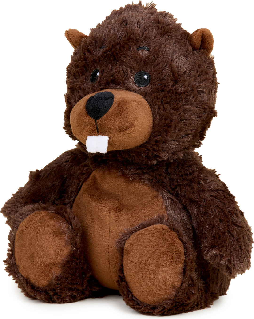 Warmies brown beaver plush toy with tan belly, black nose and prominent front teeth