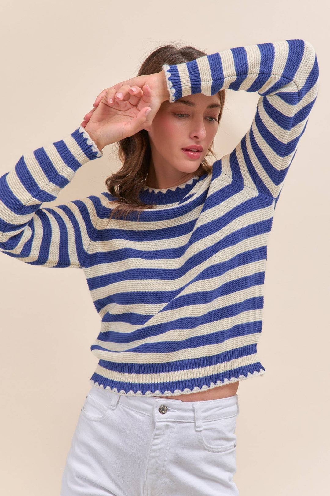 Striped Puff Sleeve Sweater w/ Contrast Stitch