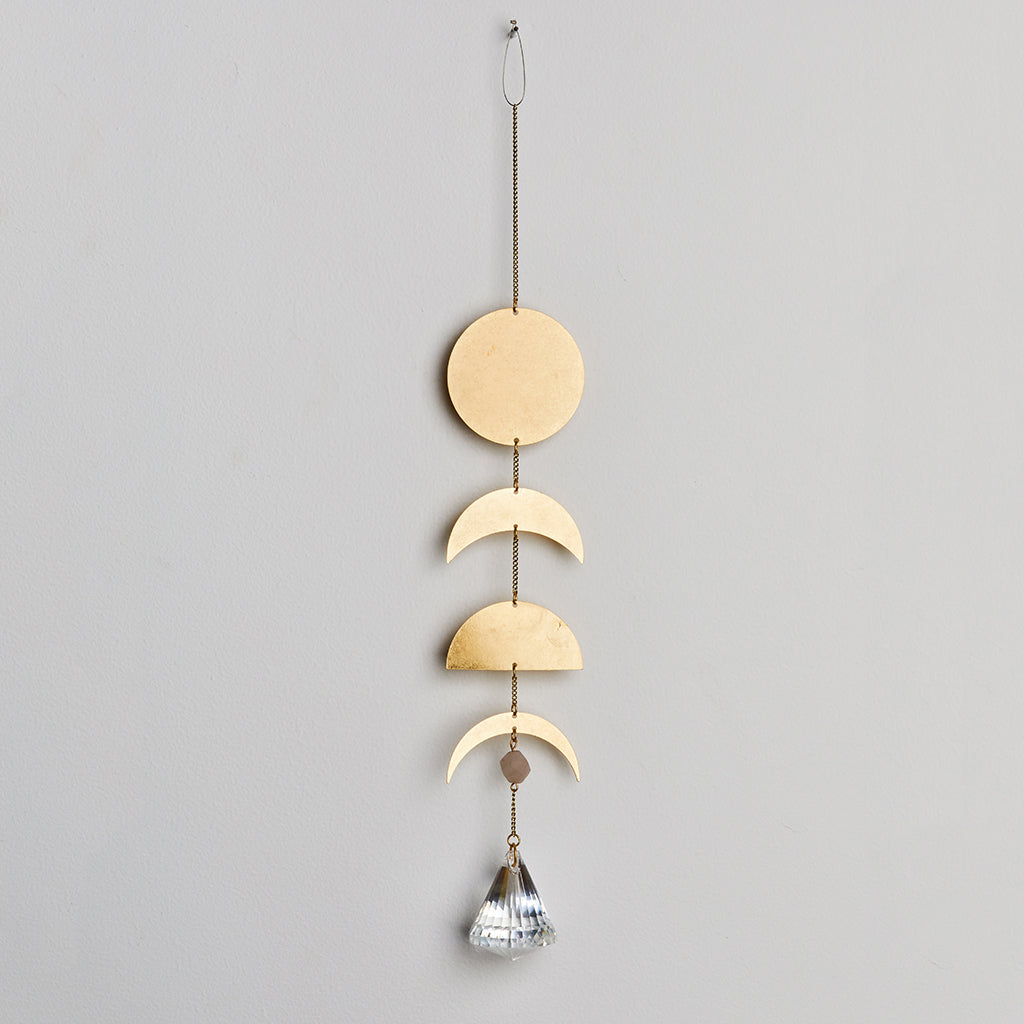 Gold moon phase suncatcher with full moon, crescent, and half moon shapes plus crystal prism