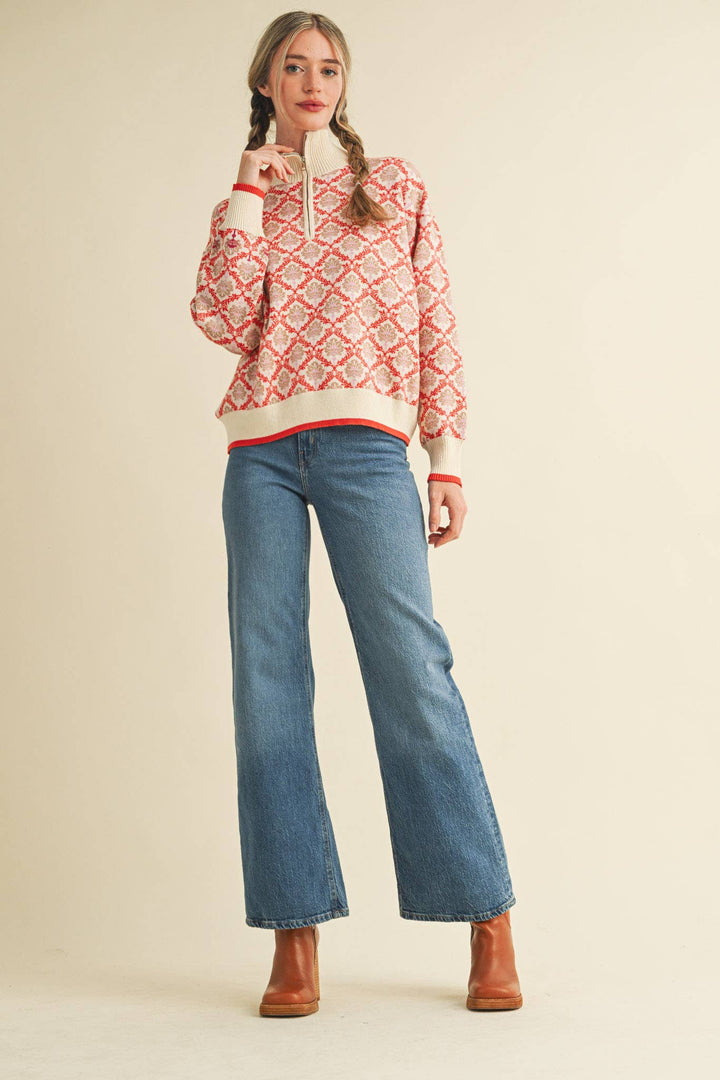 Floral Mock Neck ½ Pullover