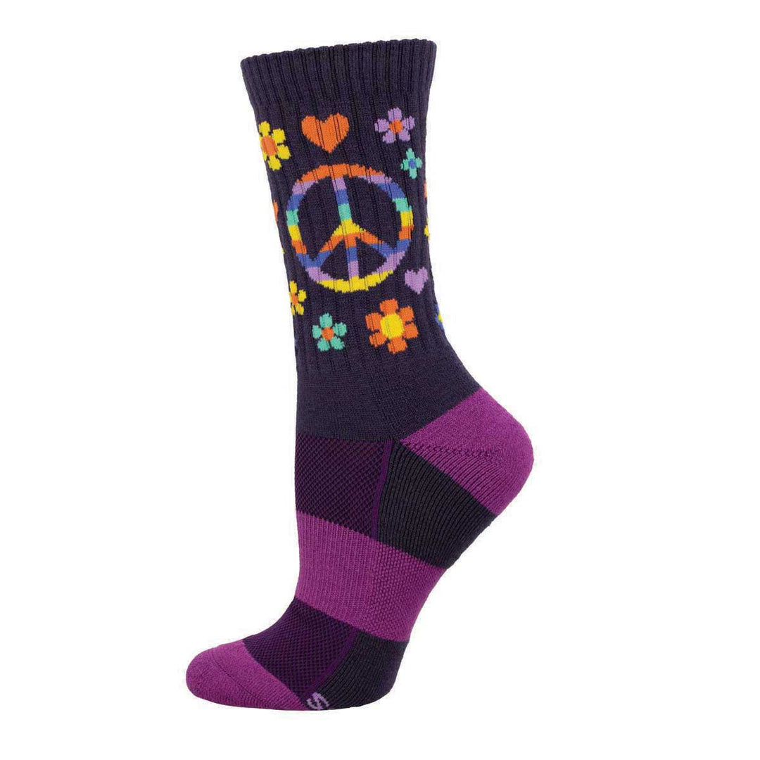 Socksmith purple crew sock with rainbow peace sign, flowers, and hearts pattern