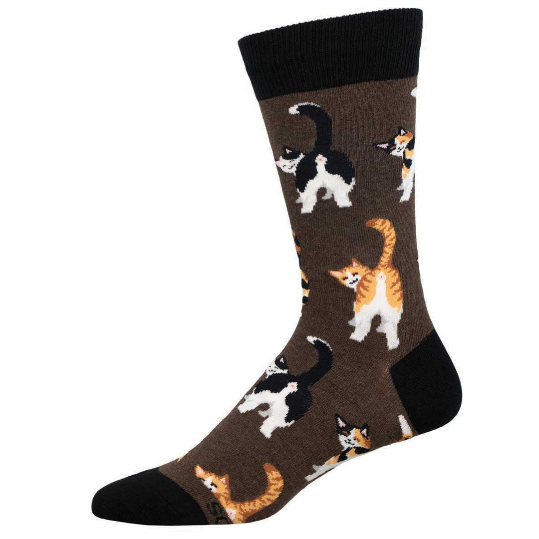 Socksmith Cat Butts crew socks in brown heather with playful cat illustrations and black trim