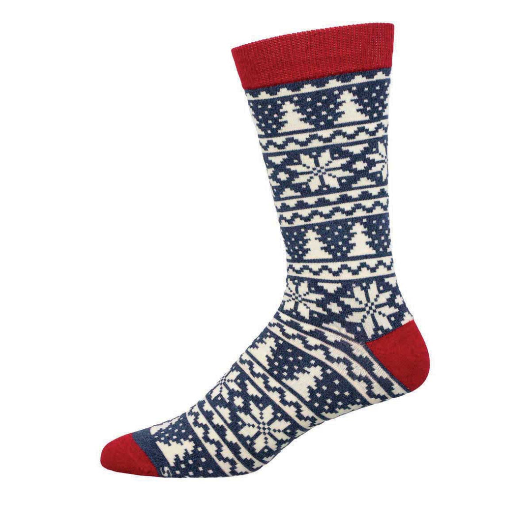 Socksmith Christmas Fair Isle crew sock in blue heather with snowflakes and Christmas trees