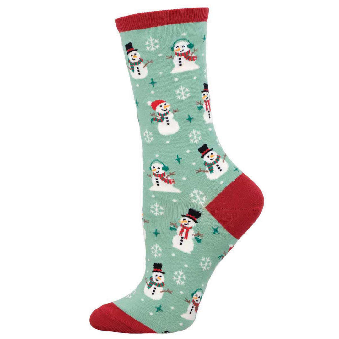 Socksmith Winter Snowman crew socks in mint green with red accents and snowman pattern
