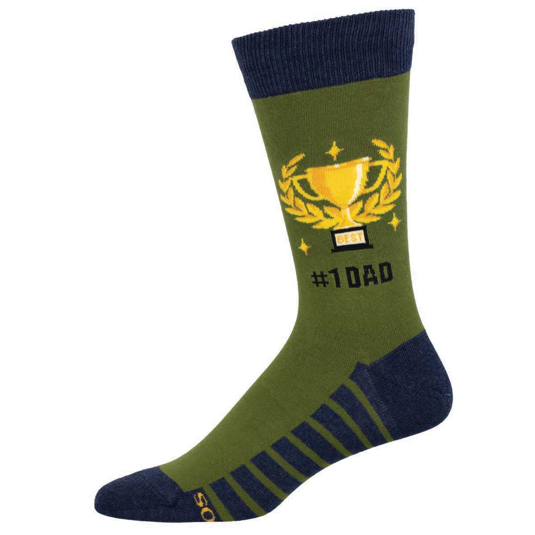 Socksmith #1 Dad green crew socks with gold trophy design and navy accents