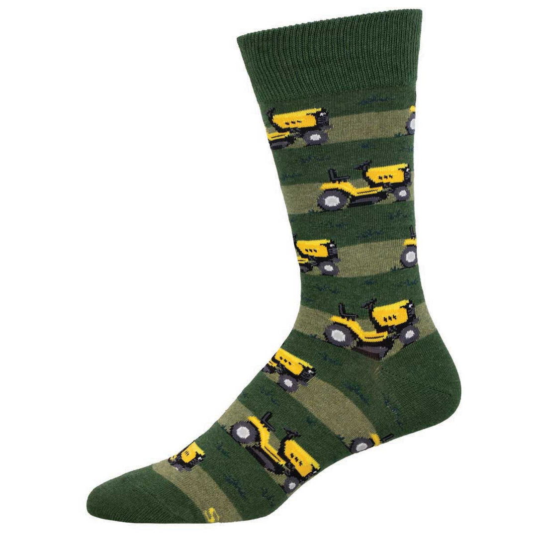 Socksmith green heather crew socks with repeating yellow lawn mower pattern on striped background