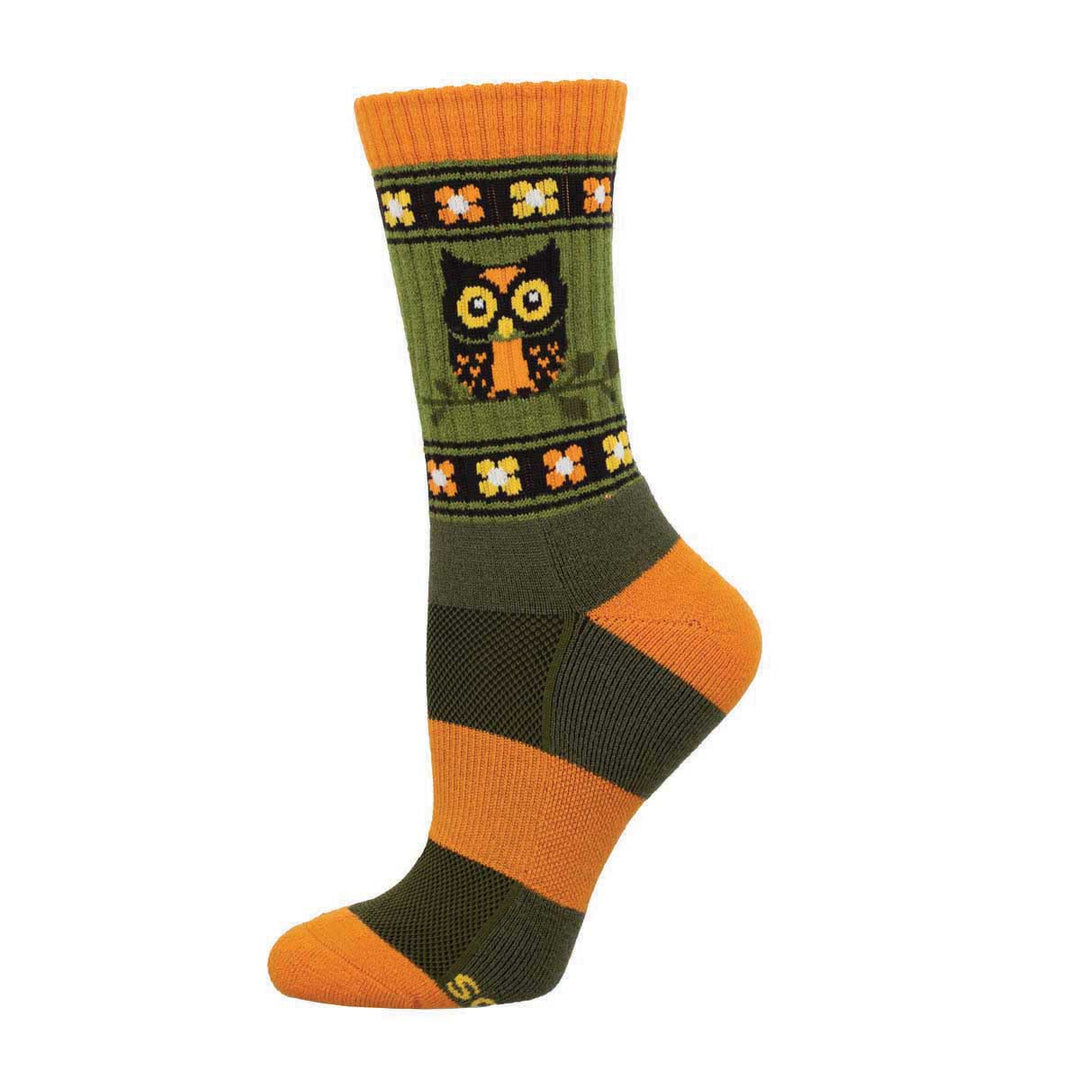 Socksmith Owl Alert crew socks in green and orange with cartoon owl design