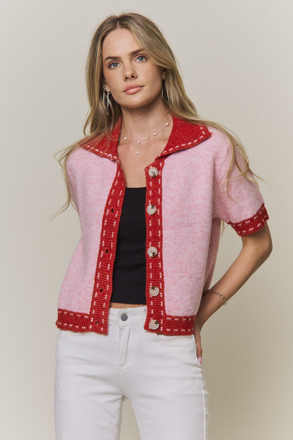Collared Short-Sleeve Knit Cardigan Top