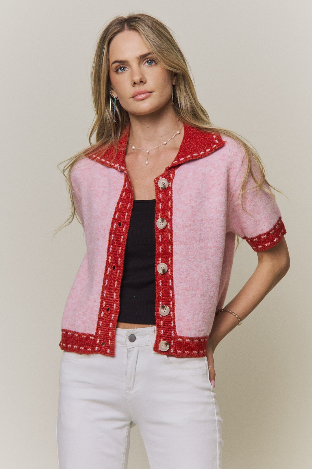 Collared Short-Sleeve Knit Cardigan Top