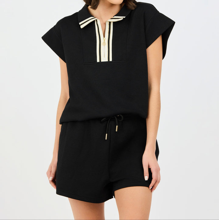 Black Porter Set by Mary Square featuring sleeveless top with striped collar detail and matching drawstring shorts