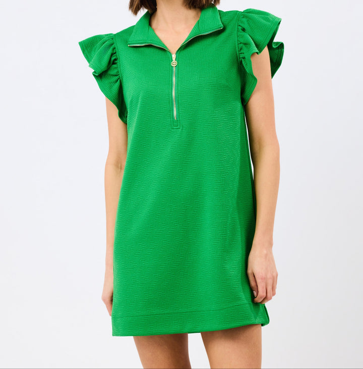 Green Paige dress with ruffle sleeves and zip front by Mary Square