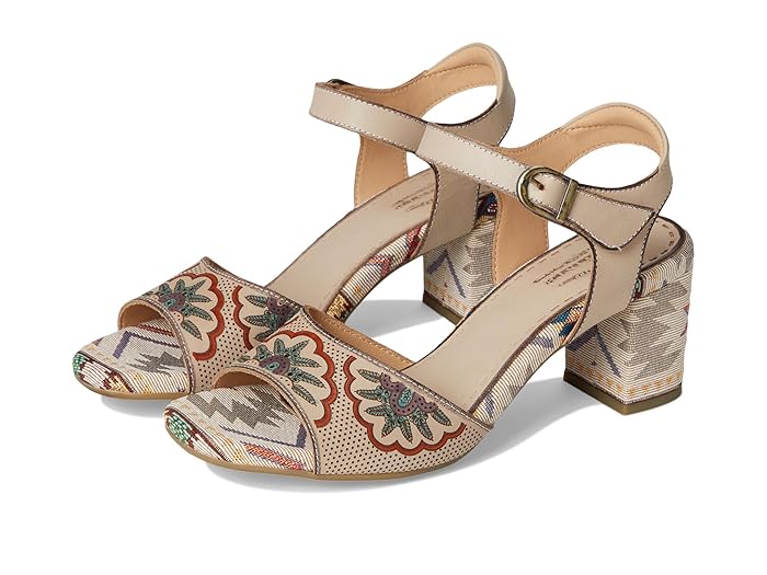 Spring Footwear Sassyclass heeled sandals in beige with floral embroidered straps and block heels