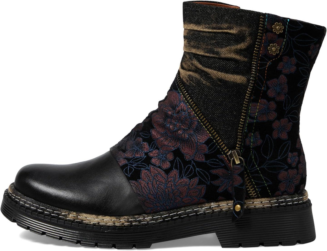 Spring Footwear Avrilrose ankle boot in black leather with navy floral embroidery and zipper