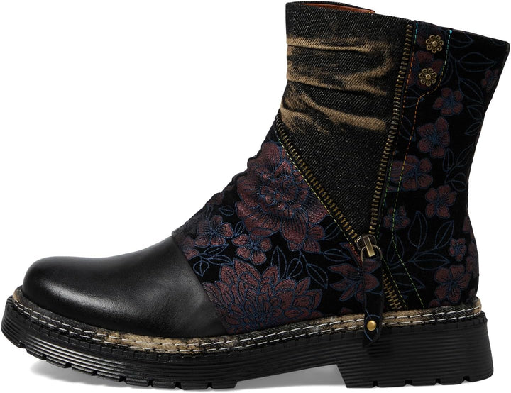Spring Footwear Avrilrose ankle boot in black leather with navy floral embroidery and zipper