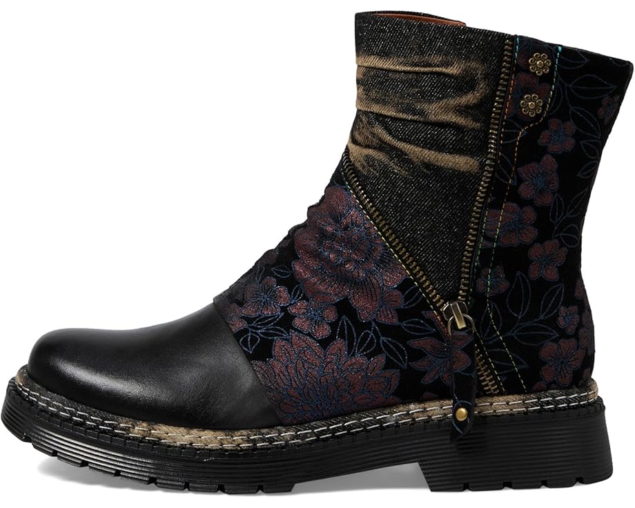 Spring Footwear Avrilrose ankle boots in navy multi with floral embroidery and zipper detail