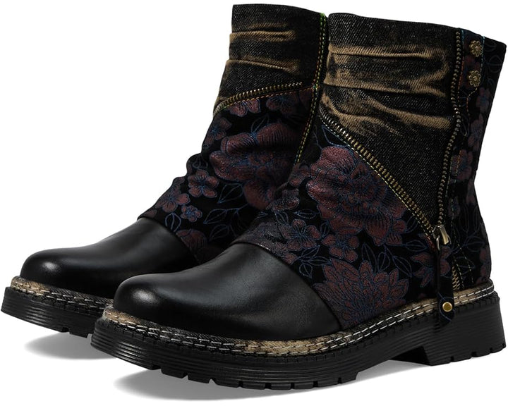 Black leather ankle boots with navy floral embroidered panels and side zippers