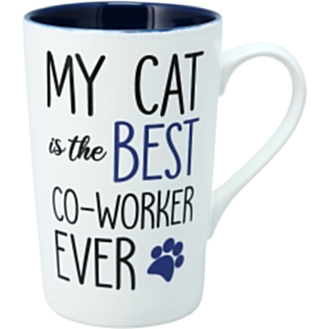 White 15oz ceramic mug with navy interior featuring 'My Cat is the Best Co-Worker Ever' text and paw print