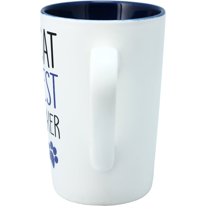 White 15 oz mug with navy interior featuring cat-themed text and paw prints