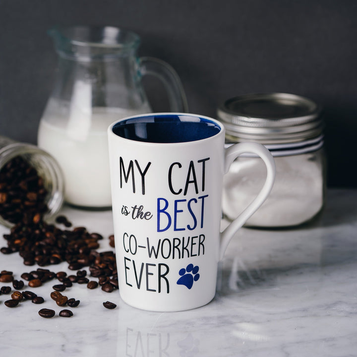 White 15 oz mug with blue interior featuring 'My Cat is the Best Co-Worker Ever' text and paw print