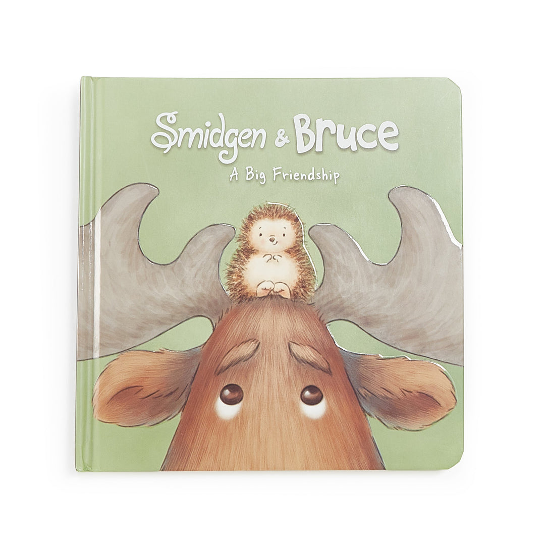 Smidgen and Bruce A Big Friendship board book featuring a moose with a hedgehog on its head