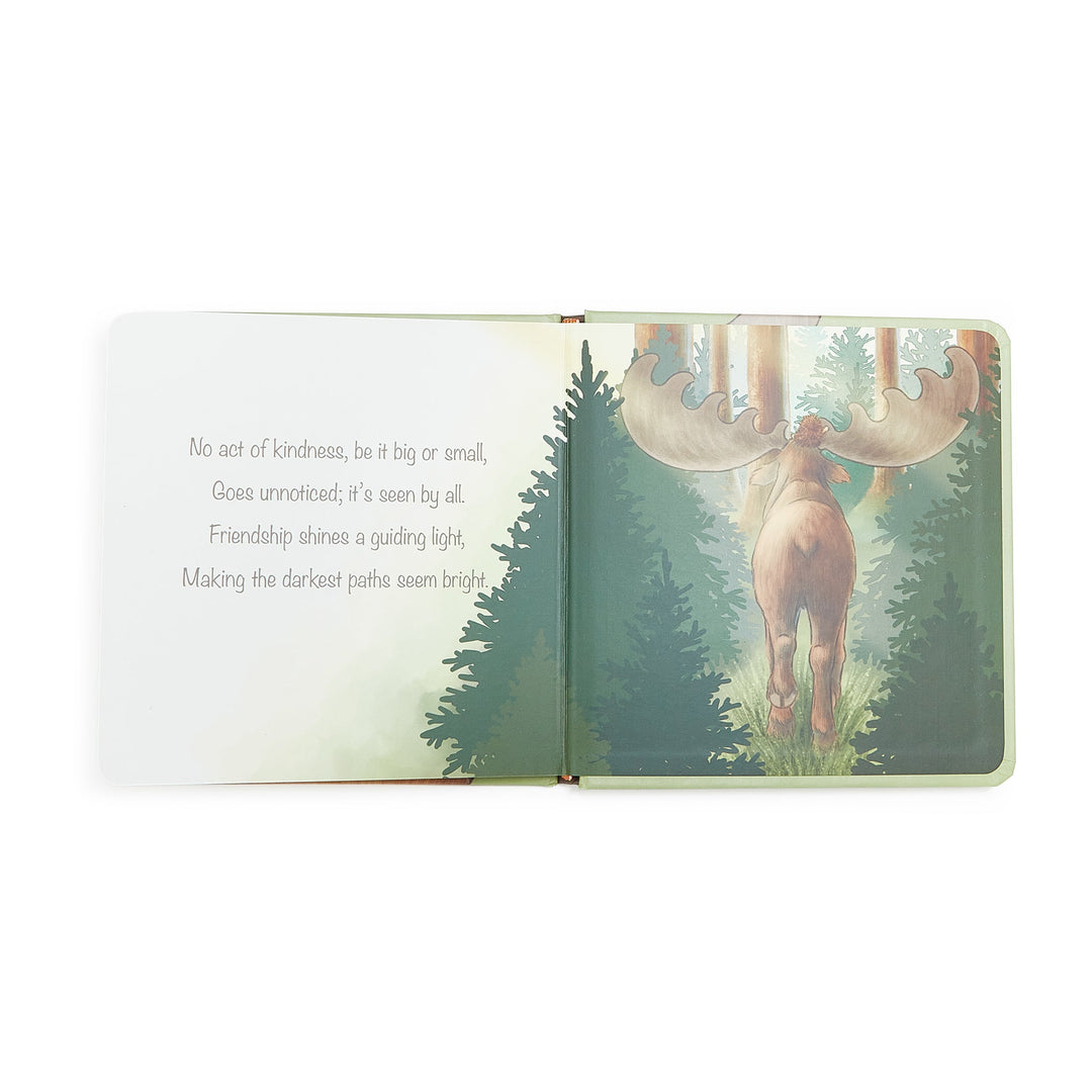 Open board book showing illustrated moose in forest with friendship poem on left page.